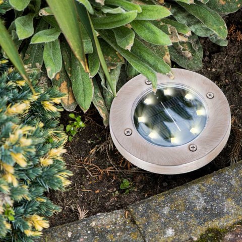 Lampy ogrodowe solarne najazdowe gruntowe czujnik zmierzchu wbijane świecący dysk 8LED 4szt. ciepły biały