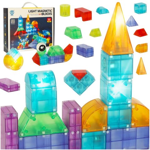 Klocki magnetyczne konstrukcyjne świecące elementy figury 3D 64 el.