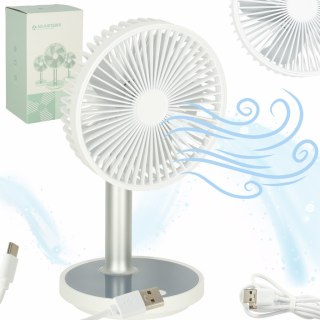 Wentylator biurkowy wiatrak przenośny bezprzewodowy USB z akumulatorem regulowany 4 poziomy mocy LED 38cm biały